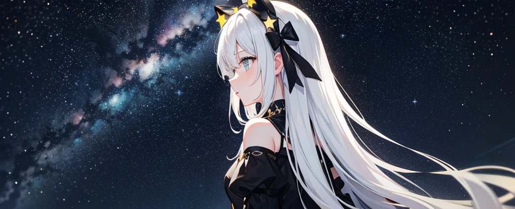 Starry sky, black, bright yellow and white stars 