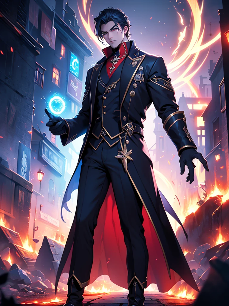 Young man, magician, парень с magicianией, Aristocrat guy, Stands tall, magicianия вокруг, много magicianических искр, Blood effect, magicianия крови, dark effect, 4K, 8 k, 2 k, fantasy, Blue Energy Effects, volumetric light, flying blood, burning eyes