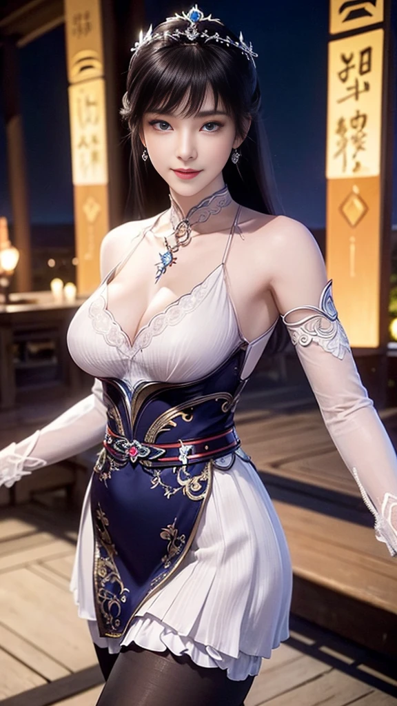 8K, masterpiece, RAW photos, best quality, Reality, extremely detailed CG unity 8K wallpaper, Depth of Field, light, lens flare, Ray Tracing, (Extremely beautiful face, Beautiful lips, beautiful eyes), Complex facial details, ((Ultra-delicate skin)) , Beautiful Asian girl, ((Looking at the audience)),(big Smile), (Blurred background), midnight, (pretty girl), earrings, bracelet, necklace, Clear eyes, (Pale skin), Facing forward, (big eyes), (Looking at the audience), Large Breasts ,((Smile)), blue eyes, Shiny Dress, Open your heart, balcony, Very slim, (Medium buttocks), Open your heart Ancient Chinese architecture,Chinese style beauty,Wear revealing Hanfu,Simple clothes, Simple style,Chinese and American mixed race,Background blur,focus,light, Seven Figures,(((tmasterpiece))), ((Best quality)), ((Complex and meticulous)), ((Surrealism)), Ridiculous resolution, , Mature woman, transparent, Very detailed, Implications, 1 Girl, (Medium breasts), Thin waist and thick hips,Long Law,Beautiful and delicate eyes, Short and delicate hair, Dark brown hair, Purple Eyes, black,lacy clothing,Hip-covering skirt,Tights,Vaguely visible,Cool clothes,Perfect body proportions,(No underwear),Detailed background, Perfect eyes,,Looking at the audience,From the front,Wear lightly,Juicy legs,Deep V,