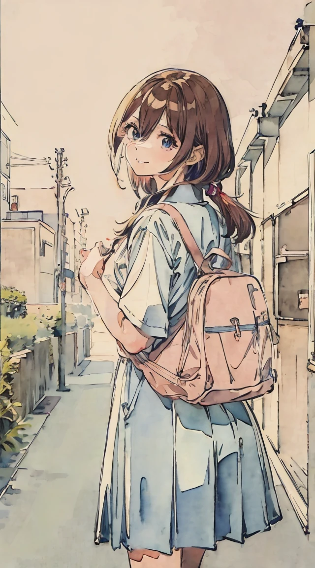 school classrooms、Watercolor style、Pale colors、hand painted style, **** student、hi-school girl、School route、carrying a schoolbag、Walking Girl Japan、posterior view、Looks Back, , A smile、frontage、The upper part of the body、pink red Brown hair、long fluffy hair, a strand of hair falling across her face, blue headphones, cowboy  shot, miku nakano