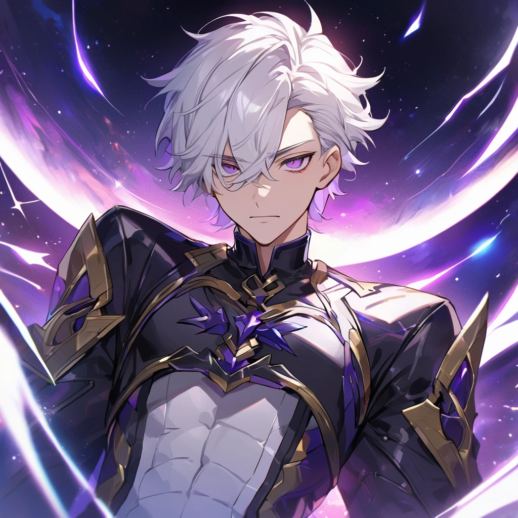 High quality, HD, 4k, no shadows, handsome male, 1male, 17 years old, teenager, golden lining, short white hair, sharp eyes, dark purple eyes, deep purple eyes, devil may cry, close up, calm expression, stoic expression, black leather clothes, white leather clothing, lean body, well trained body, upper body, looking at viewer, cowboy shot, white solar, space background