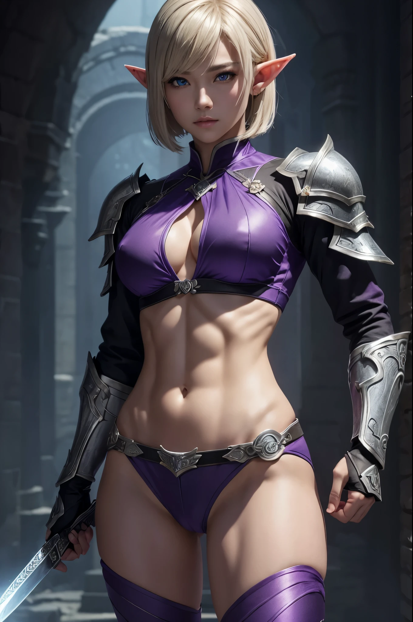 8K、Blonde short bobヘアのエルフ、Super Beauty(Realistic)、Alafeido woman in purple and black outfit、Ultra-detailed fantasy characters、3D Rendering Character Art、blue eyes、Detail Fantasy、Stunning Armor、Amazing character art、Gorgeous Female Paladin、Ultra-high resolution、Ultra-Realistic Skin、Beautiful expression、Sexy appearance、Enchanting、Beautiful small breasts、Rich colors、Backlight、Cinema Lighting、Film Grain、50mm lens、Nikon D850、Fantasy art、Dynamic fighting poses、In a dimly lit dungeon、make、Elf Ears、Very muscular and slim body、Extremely strong and defined abs腹筋(Six Pack)、Silver hair ornament(one point)、Purple and black combat pants、湾曲した銀2Holds two small swords in each hand、Preparing for battle、Blonde short bob,Strengthening muscles throughout the body,Extremely strong and defined abs(Six Pack),2Holds two small swords in each hand,With a silver and purple bow,amazing muscles,