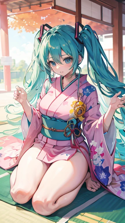 in the air,Hatsune Miku in a yukata enjoying a Japanese festival while skydiving, raising both hands in the air