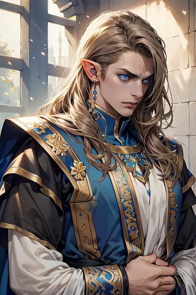 (masterpiece:1.2, best quality), (exquisite eyes: 1.2), ((solo)), (blue eyes:1.4), (exquisite eyes and exquisite face:1.3), ( beautiful and clear background: 1.2), (extremely detailed CG, super detailed, best shadows: 1.1), ((depth of field)), ((watercolor)), Beautiful Concept Art, (dark Background: 0.5), (Illustration: 1.1), (Extremely Delicate: 1.1), (Perfect Details: 1.1), Profile, long hair ,light brown hair,, solo,male, elf ears, ear piercings , black armor, black clothes,Fulllength, angry, big halo, strong, angel