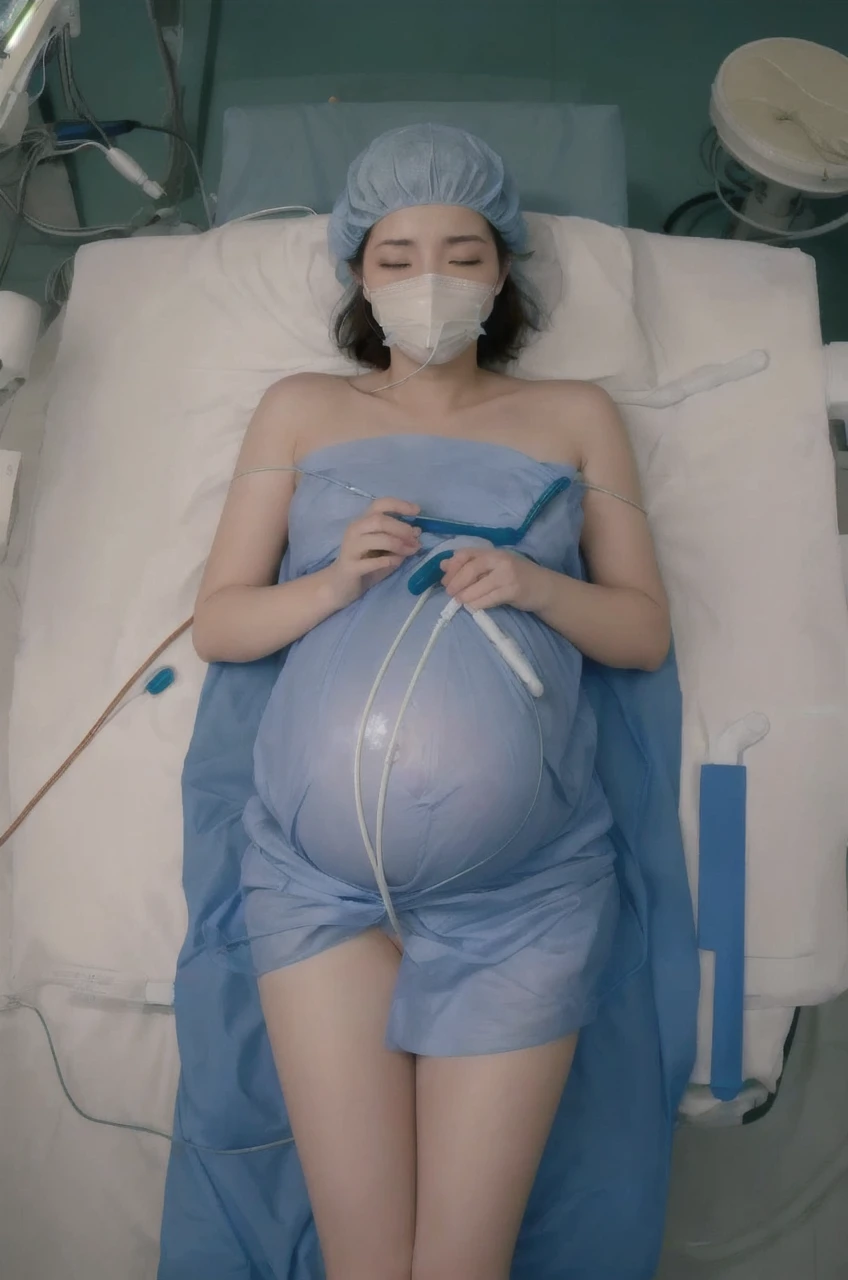 pregnant ,masterpiece, best quality, highres, (nude:1.2),  1girl, solo, (operating room:1.2), lie on back on (\"operating bed\":1.3),closed eyes,
(view from above:1.3), catheter, open legs, spread legs,
 mouth respirator mask , 