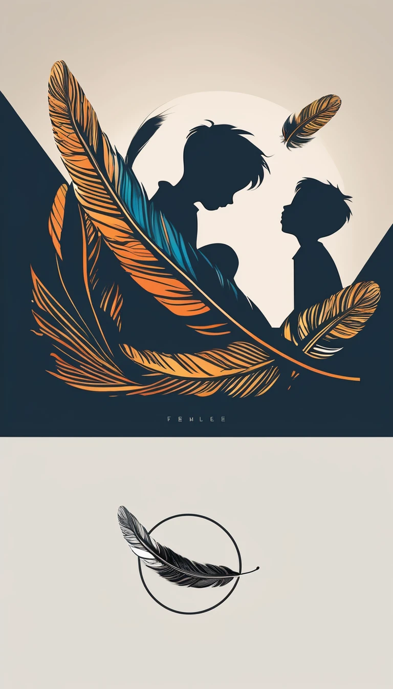 Create a minimalistic, modern, simple logo design of a boy playing with a feather. The logo must symbolize storytelling and memories.