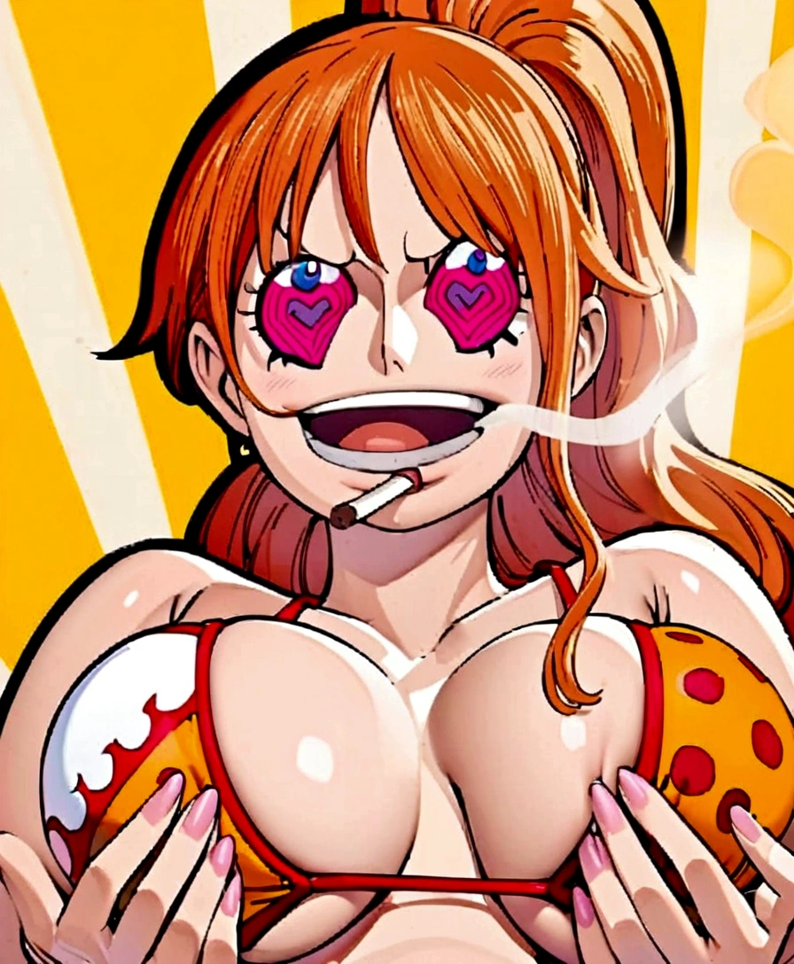 a cartoon picture of a woman in a bikini top and jeans, nami one piece, nami from one piece, nami, beautiful portrait of nami, from one piece, oppai, blue eyes, smoking, ponytail