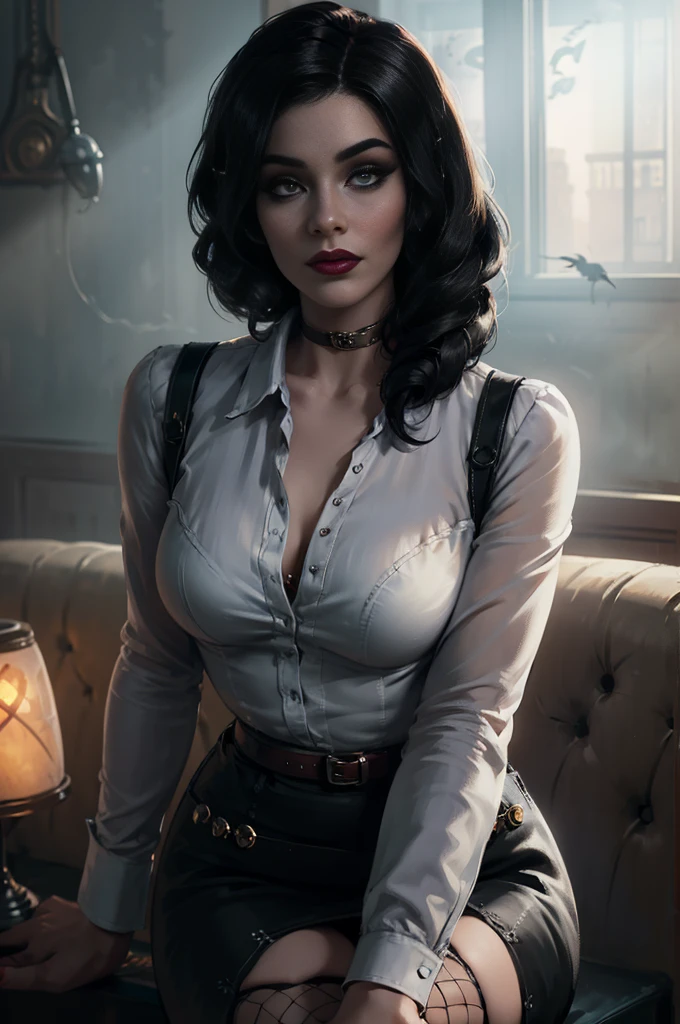 ( there is a woman holding a cigarette in her hand ),( Elizabeth from Burial at Sea ) (realistic:1.5), (fully dressed), ((female in 1950 hair short hair style a white long-sleeved blouse, her bird cameo, a black knee-length tight fitted skirt with a red belt, fishnet stockings and black heels with an ankle strap. Her hairstyle is brushed out pin curls and she wears make-up. )), (long black skirt:1.2) (white shirt:1.2) (masterpiece), (specular lighting:1.3), (hyperrealistic:1.2), (photorealistic face:1.2), (perfect face), (perfect eyeest quality), (there is a woman holding a cigarette in her hand, elizabeth from bioshock Burial at Sea, dramatic smoking pose, epic and classy portrait, beautiful , with smoke, cigarette, bioshock steampunk portrait ), (4k), sharp focus, octane render, best quality, extremely detailed, intricate, fantasy, soft lighting, (curvy:1.3), ( big eyes :1.3), (futanari:1.2), thick eyelashes, long eyelashes, ( slim ), smile, ((1950:1.5)), ( red lips, long eyelashes, mascara, eyeliner, eyeshadow, makeupt:1.3), cosy, looking at viewer, detailed skin , zfuta futanari, (erection:1.4)