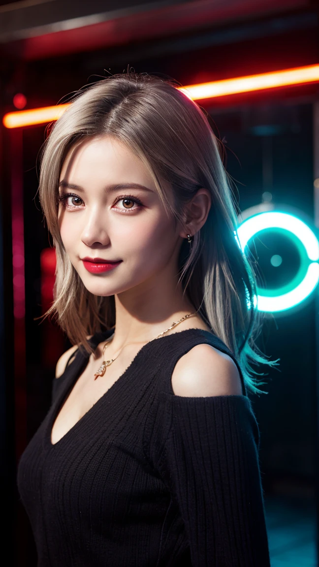 highest quality, masterpiece, 8K, ultra high resolution, (realistic: 1.4), beautiful face, symmetrical eyes, European, white hair, smile, wearing makeup, high-definition images, atmospheric perspective, super detail, accurate, best quality, an European lady, drooping eyes, sleepy face, blush, in the nightclub, neon lights, skirt, high boots, necklace