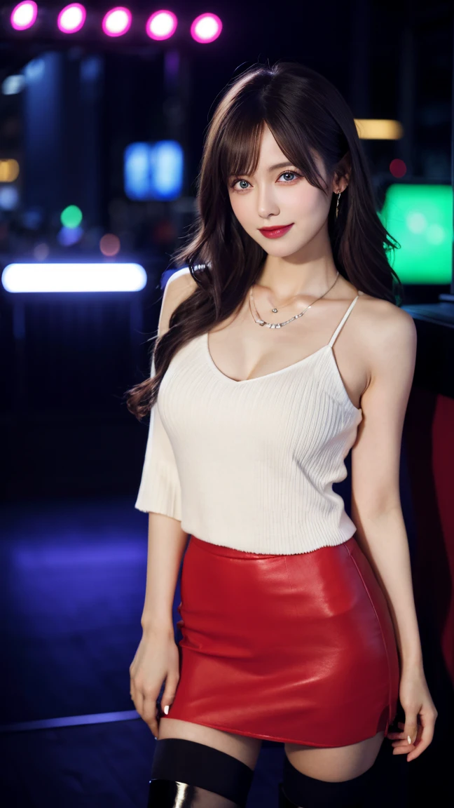highest quality, masterpiece, 8K, ultra high resolution, (realistic: 1.4), beautiful face, symmetrical eyes, European, white hair, smile, wearing makeup, high-definition images, atmospheric perspective, super detail, accurate, best quality, an European lady, drooping eyes, sleepy face, blush, in the nightclub, neon lights, skirt, high boots, necklace
