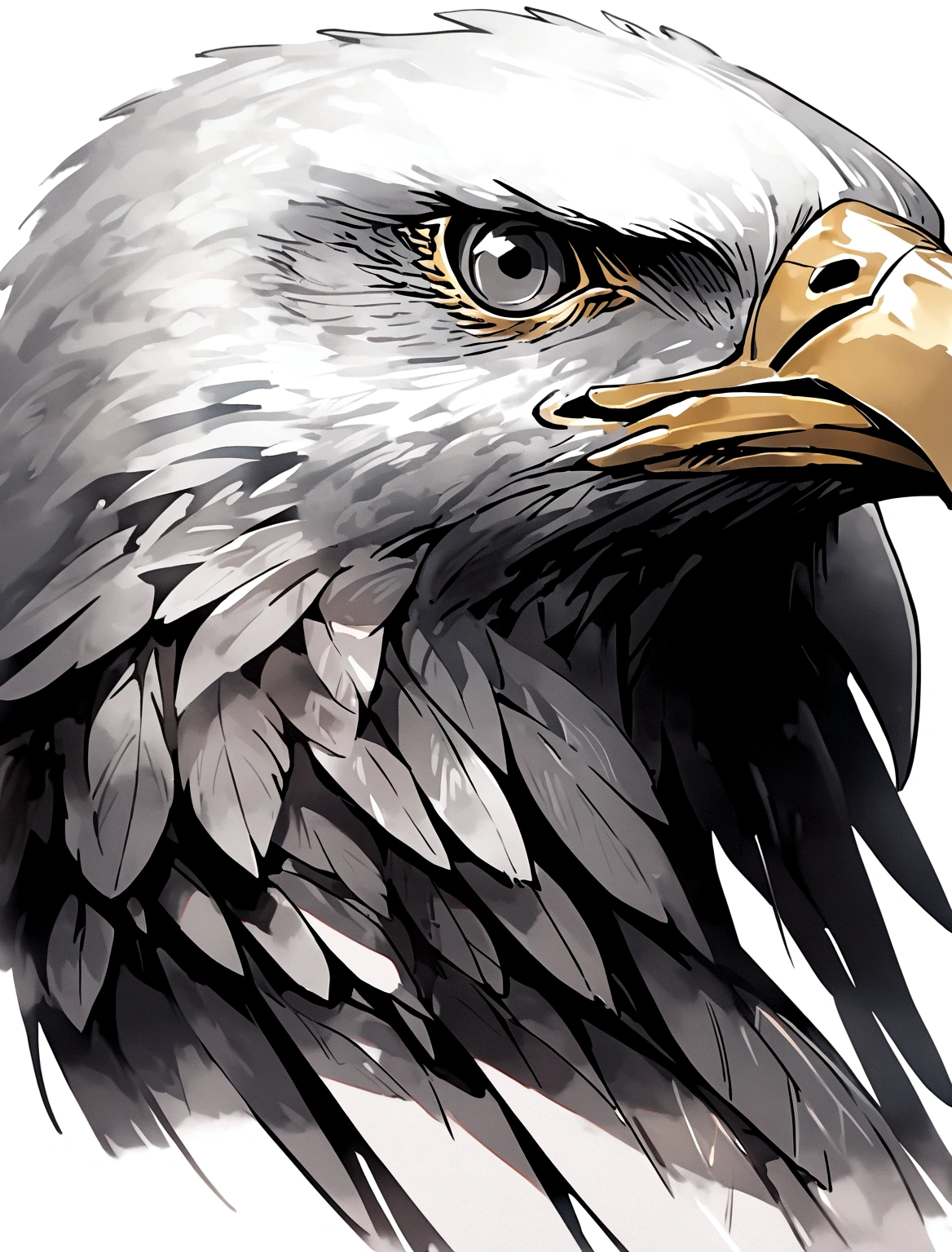 Head of an eagle in profile like a black and gray painting with a white background