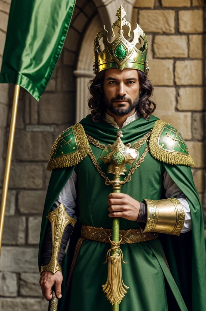 A medieval lord dressed in detailed green armor, with an emerald green cloak draped over her shoulders. He wears an ornate helmet with gold trim and a modest crown.. The background is a medieval castle with fluttering green flags. The lord holds a sword with a green handle and golden ornaments, and there is a green and gold coat of arms on his chest