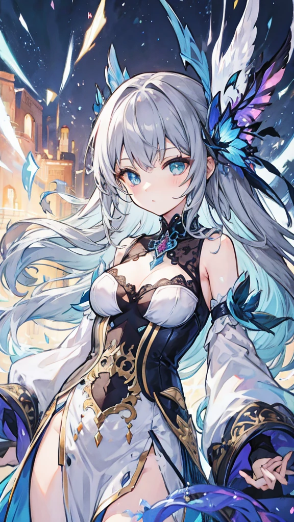 fantasy world girl with colorful hair, accessories, detailed clothes, dark gray hair