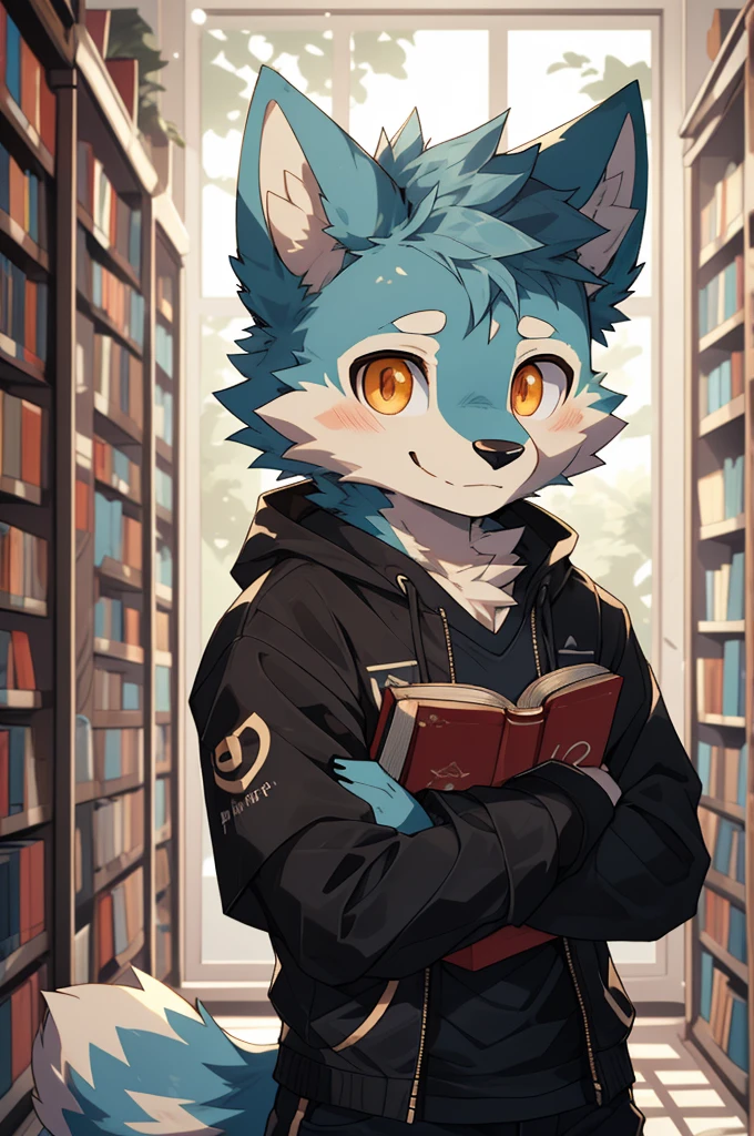 (high definition, Dynamic HDR, 4K, Full HD), furry, 18 years old, relax, wolf, Big one, green fur, orange_eyes, Random clothes, Sad smile, Book Room, bodyส่วนบน, cute, warm, slim_body, Wear tight clothes., round_cornea, See your face clearly