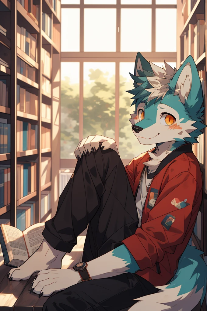 (high definition, Dynamic HDR, 4K, Full HD), furry, 18 years old, relax, wolf, Big one, green fur, orange_eyes, Random clothes, Sad smile, Book Room, bodyส่วนบน, cute, warm, slim_body, Wear tight clothes., round_cornea, See your face clearly
