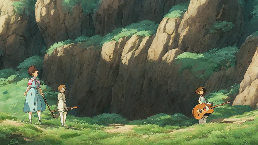 Ghibli style,guitar,A girl who is not looking at the camera,Dim atmosphere