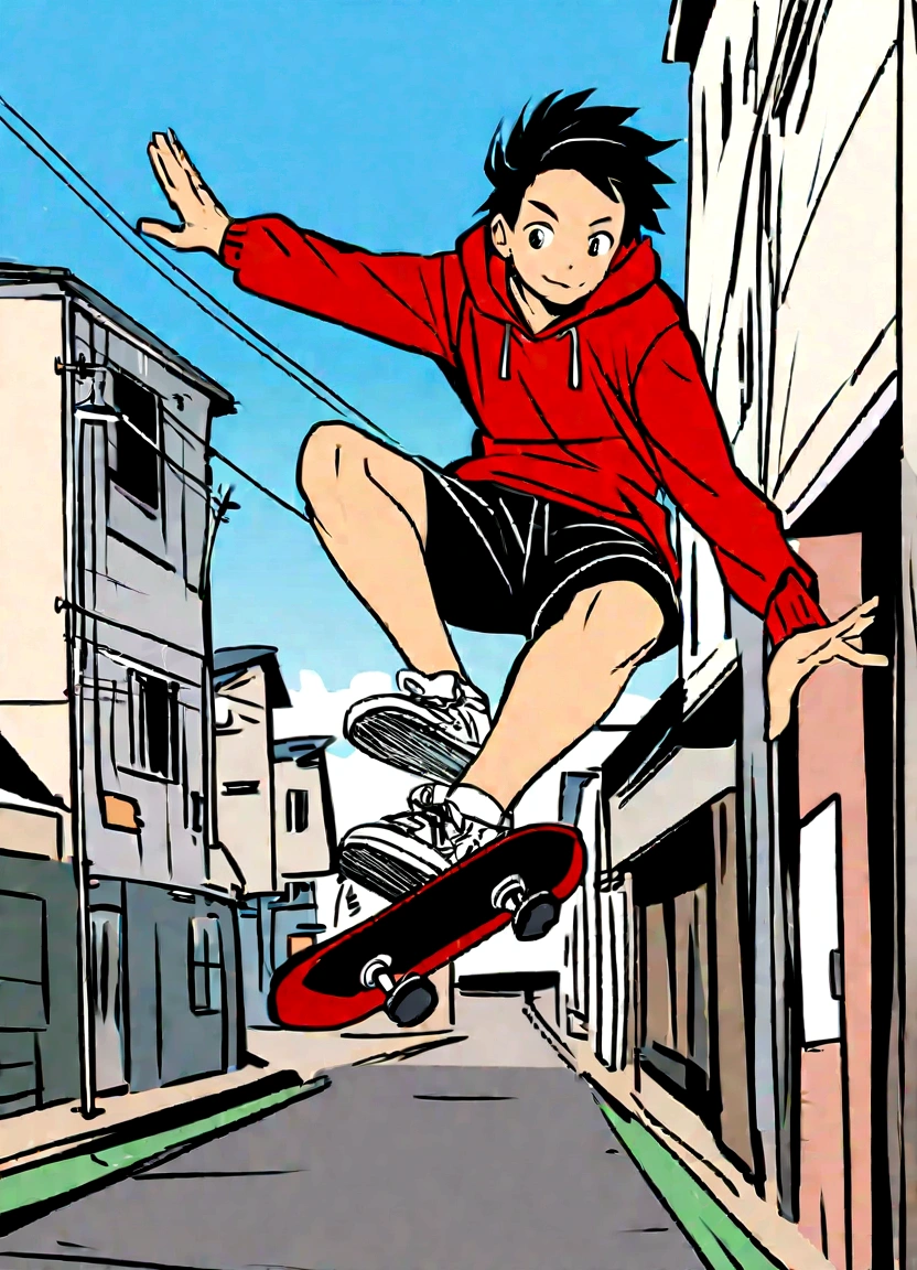 Create an anime-style illustration of a boy skateboarding in mid-air. The boy should have a joyful expression and be wearing a red hoodie and black shorts, similar to the girl in the reference image. The background should feature a clear blue sky with some clouds, utility poles, and buildings in a light, sketchy style. Ensure the overall color palette and energetic feel of the image match the reference.