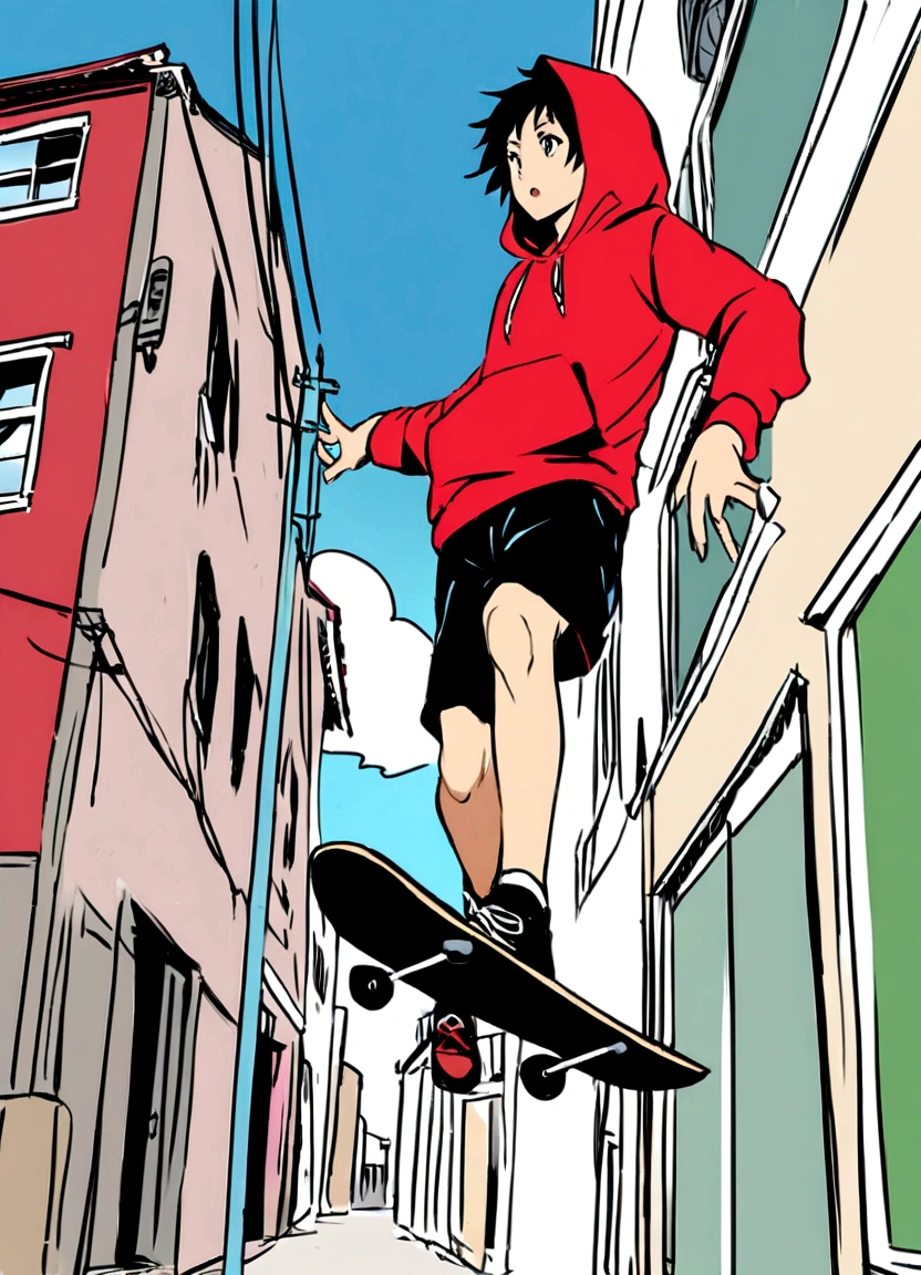 Create an anime-style illustration of a boy skateboarding in mid-air. The boy should have a joyful expression and be wearing a red hoodie and black shorts, similar to the girl in the reference image. The background should feature a clear blue sky with some clouds, utility poles, and buildings in a light, sketchy style. Ensure the overall color palette and energetic feel of the image match the reference.