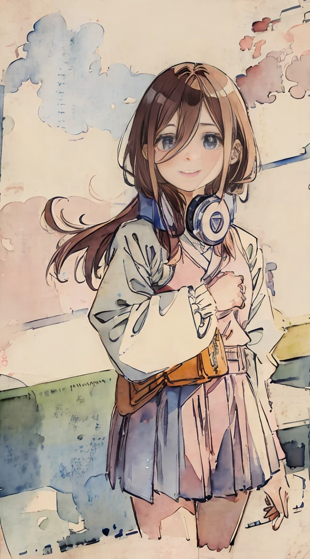 school classrooms、Watercolor style、Pale colors、hand painted style, **** student、hi-school girl、School route、carrying a schoolbag、Walking Girl Japan、posterior view、Looks Back, , A smile、frontage、The upper part of the body、pink red Brown hair、long fluffy hair, a strand of hair falling across her face, blue headphones, cowboy  shot, miku nakano