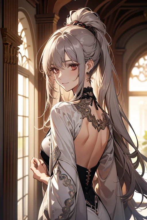 (Confused, High resolution, Very detailed), 1 female, Silver Hair,Long Hair,Reddish brown eyes,suit,Hair tied up at the nape of the neck,24th generation,Beautiful woman,mature,thin,quiet,Calm,Small breasts,A small smile,Reception room,