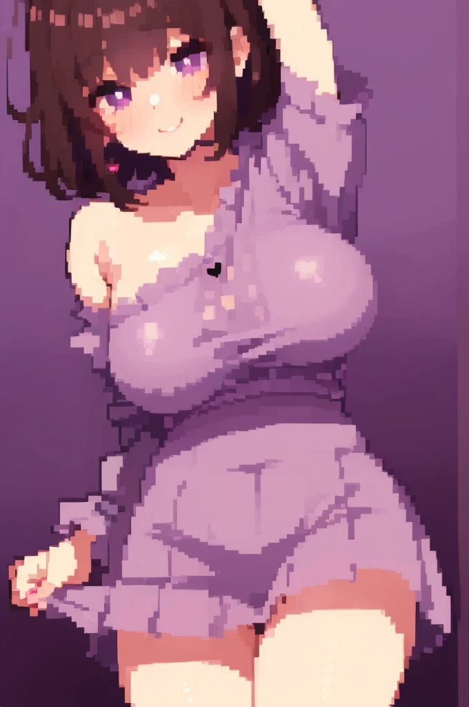 ((best quality)), ((masterpiece)), (detailed)),Cute Girl,Short Brown Hair,Purple Eyes,Heart shaped pupils,Cute smile,Red Blush,big breasts,showed under boobs,bare thick thighs,cute skirt,Glowing purple eyes,cute pose,hand beneath breasts,purple background,heart shaped pupils