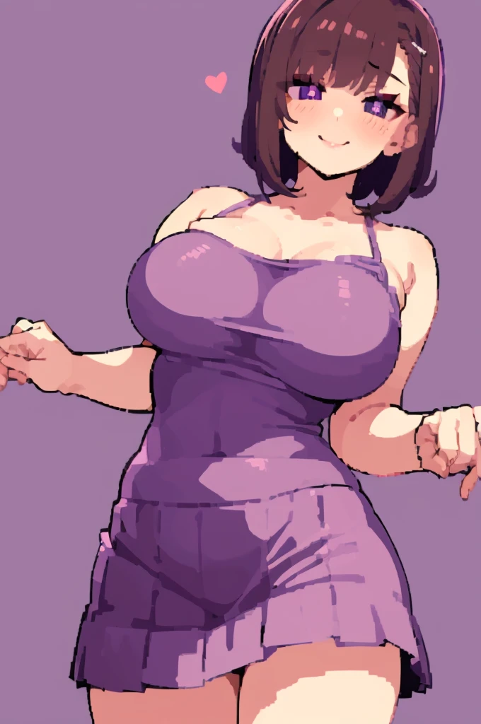 ((best quality)), ((masterpiece)), (detailed)),Cute Girl,Short Brown Hair,Purple Eyes,Heart shaped pupils,Cute smile,Red Blush,big breasts,showed under boobs,bare thick thighs,cute skirt,Glowing purple eyes,cute pose,hand beneath breasts,purple background,heart shaped pupils