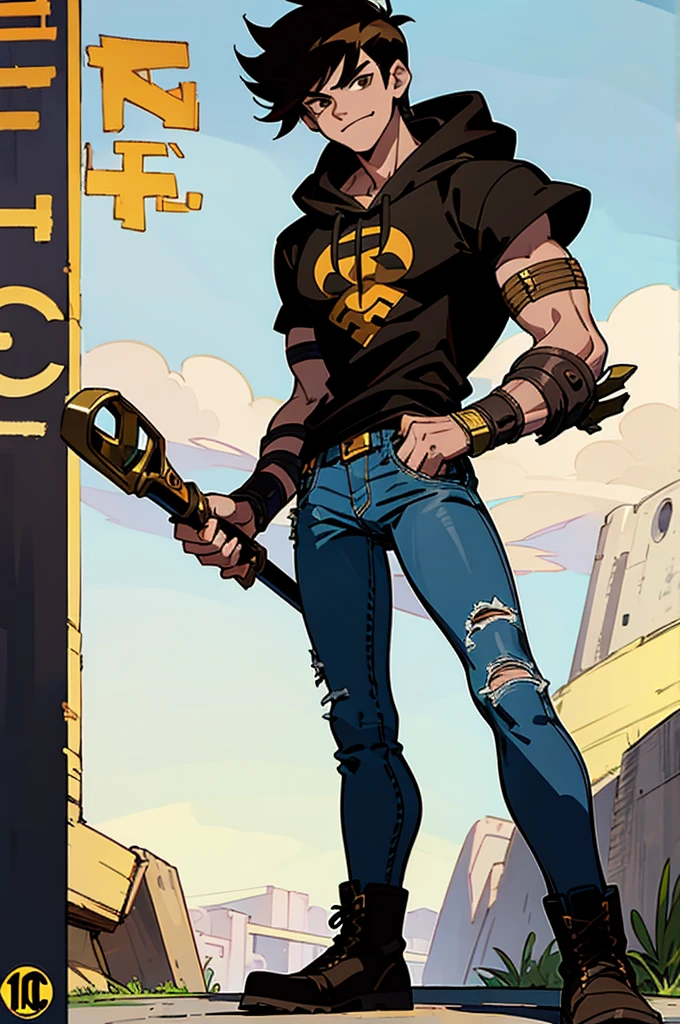 ((illustration)), (best quality)), ((masterpiece)), (detailed), ((road)) comic cover, teenage, boy, dark hair, brown eyes, muscular, shirt, black hoodie, jeans, combat boots, sunglass, smirking, solo, gauntlet, day, stylish,