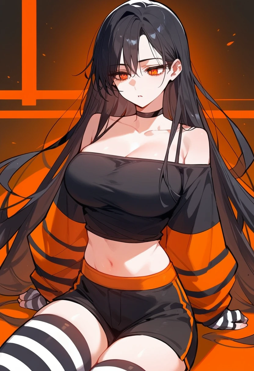 source_anime, 1girl, pale skin, black hair, orange eyes, very long hair, off shoulder, black shirt, striped gloves, striped thighhighs, midriff peek, short shorts, large breasts, choker, expressionless, open mouth
