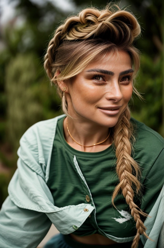 hyperrealistic rendition, ultra detailed, realistic, high definition, photo of AnnaVonKlinski with dirty blonde highlights, focus on eyes, close up on face, huge smile, hunter green color hair styled as lace braid, direct flash photography