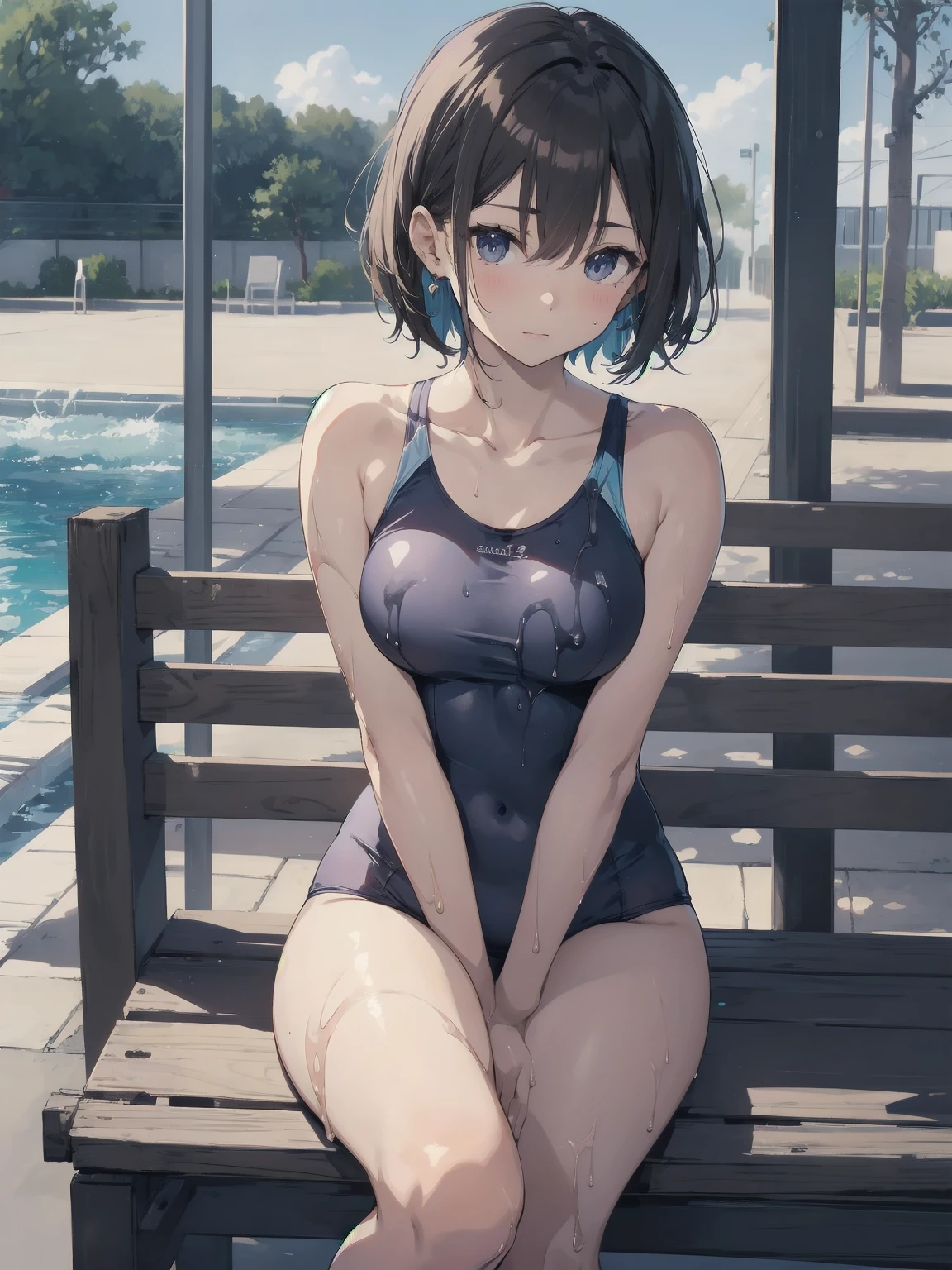 ultra-Top-quality by art God, ultra-detailed, high resolution, shinkai makoto style, anime moe artstyle, best anime 8k konachan wallpaper, pixiv contest winner, perfect anatomy, break,(Please draw a picture of a girl in a swimsuit sitting sleepily on a bench by the poolside alone.),break, a hyperrealistic school girl, (Solo,lolita, , 13-ar-1.3),l limbs, complete fingers, androgynous charm, (very short hair), wet hair, small round chest,slender body, Small butt, groin, Small black eyes,hanme,beautiful detailed eyes, well-proportioned iris and pupils, sleepy eyes, highres detailed hair, swimsuit, wet swimsuit, bare shoulders, thighs, in the school pool. break,super detailed skin, shiny skin, Best lighting powered by famous artist, 8k, illustration,UHD, textured skin,break,((artist:saiguchi_otoufu )), artist:clamp ,artist:carnelian ,artist:kantoku ,