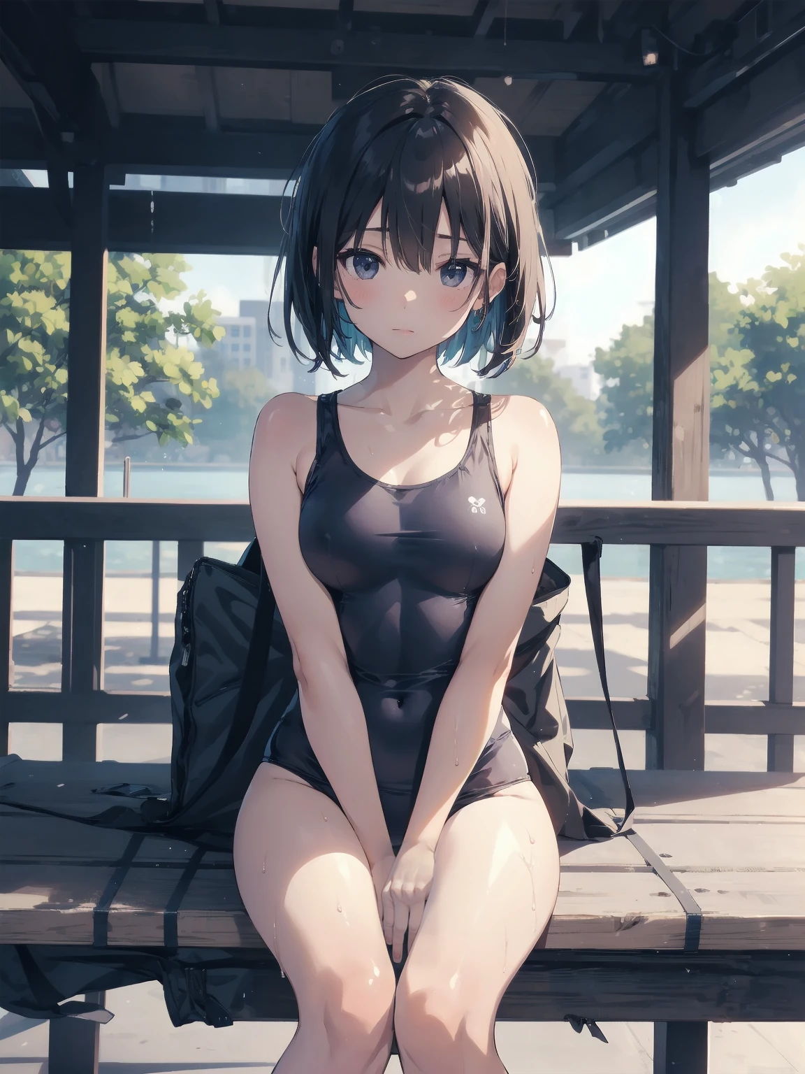 ultra-Top-quality by art God, ultra-detailed, high resolution, shinkai makoto style, anime moe artstyle, best anime 8k konachan wallpaper, pixiv contest winner, perfect anatomy, break,(Please draw a picture of a girl in a swimsuit sitting sleepily on a bench by the poolside alone.),break, a hyperrealistic school girl, (Solo,ta, kid, 13-year-old:1.3),Full limbs, complete fingers, androgynous charm, (very short hair), wet hair, small round chest,slender body, Small butt, groin, Small black eyes,hanme,beautiful detailed eyes, well-proportioned iris and pupils, sleepy eyes, highres detailed hair, swimsuit, wet swimsuit, bare shoulders, thighs, in the school pool. break,super detailed skin, shiny skin, Best lighting powered by famous artist, 8k, illustration,UHD, textured skin,break,((artist:saiguchi_otoufu )), artist:clamp ,artist:carnelian ,artist:kantoku ,