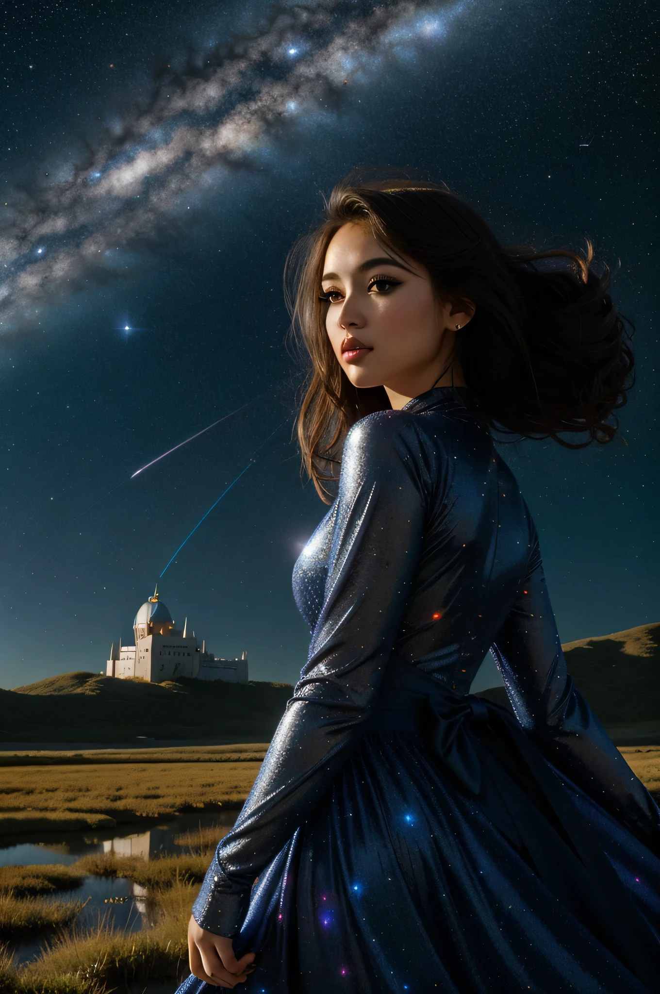 1girl, detailed space-themed, best quality, elegant, Fluffy [Funny:Beautiful:10] ([Antigua and Barbuda|Marsh]:1.3) in the distance there is a Castle, desolate flora with Apple tree, Stars in the sky, Fearful, stylized, kinetic art, Beautifully Lit, Depth of field 100mm, Provia, Elegant, Navy Blue dust particles, Highres, trending on CGSociety, stars, galaxies