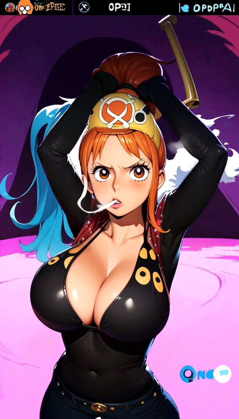 a cartoon picture of a woman in a bikini top and jeans, nami one piece, nami from one piece, nami, beautiful portrait of nami, from one piece, oppai, blue eyes, smoking, ponytail