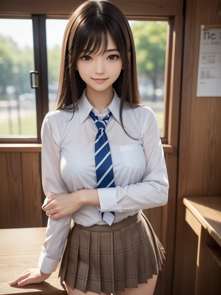 8K, Highest quality, The real picture, Intricate details, Very detailed, Ultra-high resolution, Depth Field,(Realistic,Realistic:1.2),Tabletop , ((Full Body Shot)) , ((Long, slender legs)), 1 girl, eye_Chan, Very beautiful  girl, innocent big eyes,、Beautiful breasts:1.5、非常に詳細なeye:1.2)、(Beautiful breasts:1.1)、((Brown Hair))、(Long Bob Hair), Asymmetrical bangs, Perfect Skin, Fair skin, Small breasts, Tight waist, alone, Staring at the audience, (smile)、((School_uniform), (White shirt、Wear a tie), (Blue checkered pleated micro mini skirt), ((Fold your arms in front of your chest and act arrogantly)), ((楽しそうなsmile)), ((Perfect hand shape))
