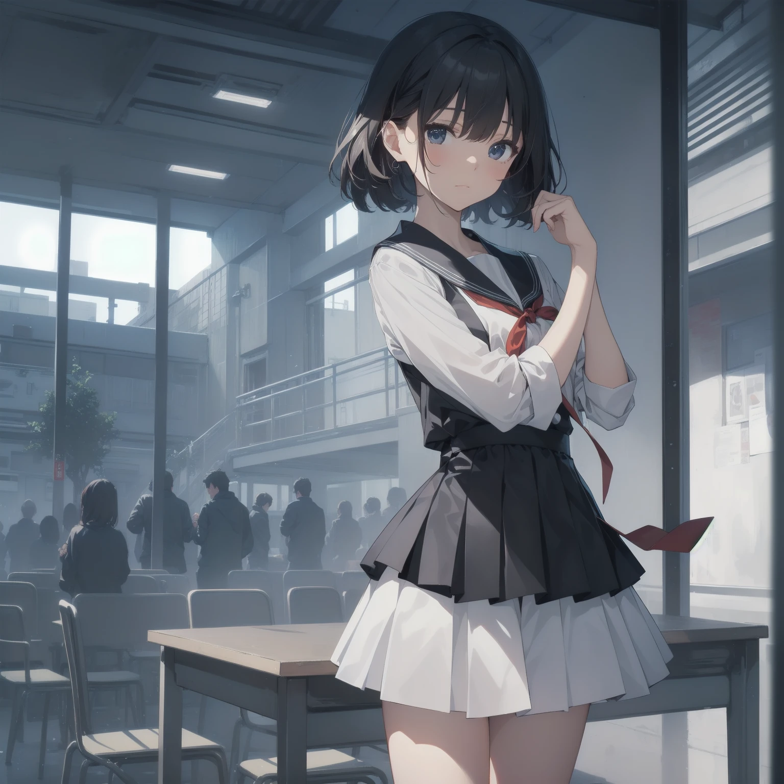 ultra-absurdres-Top quality by artist God, ultra-detailed, high resolution, anime moe artstyle, best anime 8k konachan wallpaper, pixiv contest winner, pool:2810, perfect anatomy,break, 1girl, (Please draw a girl walking sleepily to school alone. )break,(Solo,little female, -yeld:1.Full limbs, complete fingers,a junior hihort hair), short cut, flat chest, , small butt, small black eyes, beautiful detailed eyes, well-proportioned iris and pupils, expressive eyes, highres detailed hair, soft expression, salor school_uniform, sailor collar, serahuku, bow, pleated skirt,(Detailed Lighting), (Detailed background), in the School commute route. break,super detailed skin, Best cinematic lighting powered by famous artist, 8k,beauty illustration,photoshop_(medium),very aesthetic,break,((artist:sumiyao_(amam) )), artist:clamp ,artist:carnelian ,artist:kantoku ,