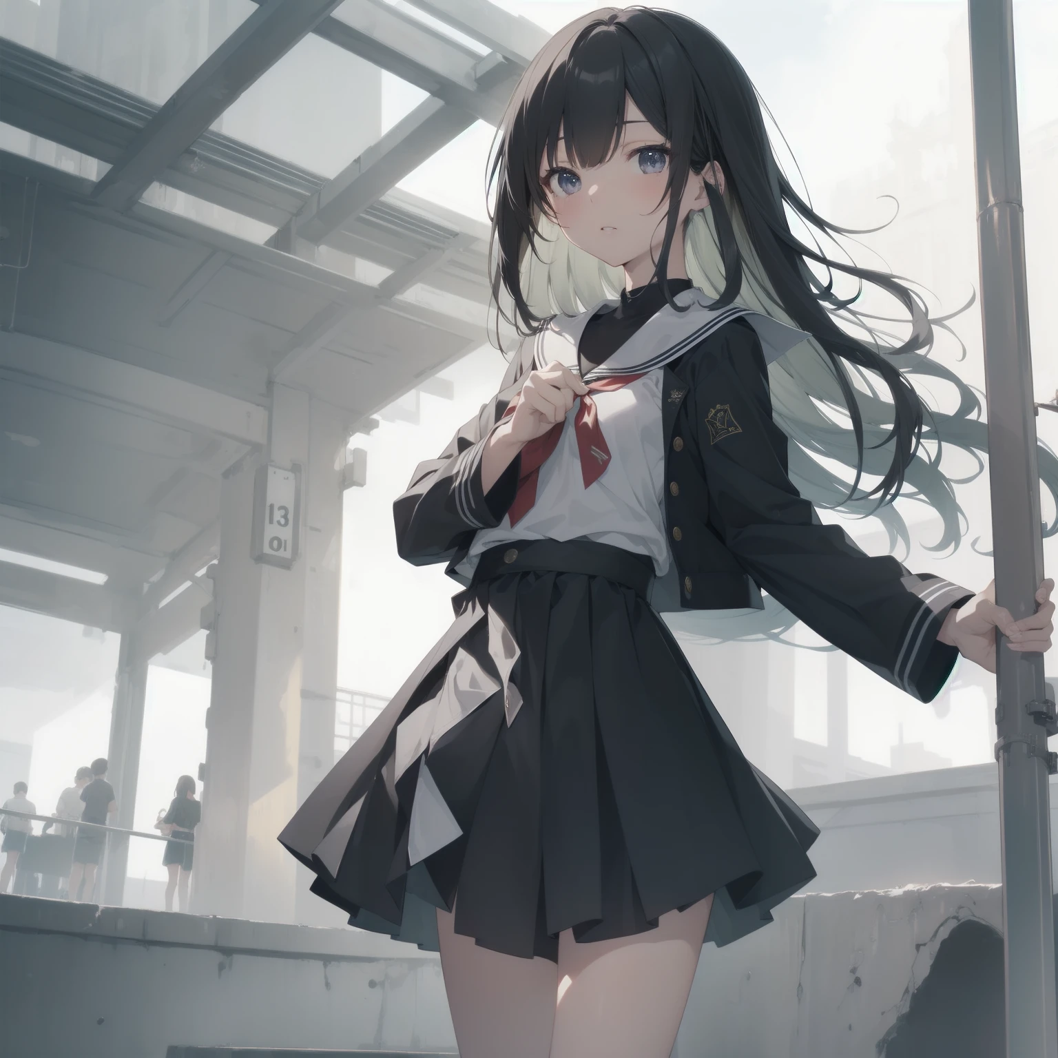 absurderes、high resolusion、top-quality、masterpiece
break
Watch the viewer、Cowboy Shots
break
(vivd colour:1.3)
Romper
(one girls:1.5),  A dark-haired, High school students、校服、Dark blue skirt,  Dark blue socks、Leather shoes、(thighs thighs thighs thighs:1.3), (breastsout:1.3),(Troubled face:1.3)、open open mouth、from the rear:1.2、looking-down、toView、Pinching the hem of the skirt:1.5、roundly eyes, (blown by the wind:0.5), (((Very pretty pale yellow panties))), (Walking on a slope,:1.3)、perfect foot、s ass、(big butts:1.3)、from below ceiling、(shinny skin:1.1)、gust of wind(the wind:1.2)、BREAK
background is(The long slopes of the city:1.3)、(Stand in the center of the screen:1.3)、
break
window、Particles of light、dynamic ungle、Dutch Angle、perspective
break
depth of field、bokeh dof、light  leaks、(chromatic abberation:1.2)、midday
break