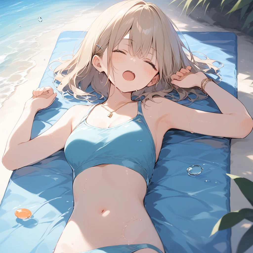 score_9, score_8_up, score_7_up, source_anime, best quality, masterpiece, official art, absurdres, highres, ultra-detailed,waifu2x,Collection: Slice of Life,break,1girl, short hair, medium breasts, beautiful detailed eyes, swimsuit, sweat, open mouth, (yawn:0.3), sleepily, lying, ocean, outdoors, wind, break,(clear line illustration:1.2),very high resolution, very aesthetic, super detailed skin, Best sexual lighting powered by famous artist, 8k,cute picture,beauty illustration,photoshop_(medium),,(Detailed Lighting),best anime 8k konachan wallpaper, pixiv contest winner,