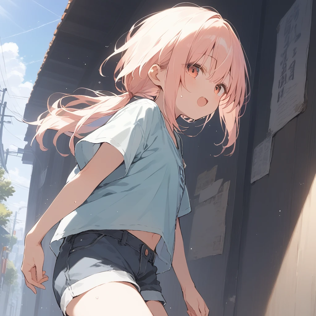 score_9, score_8_up, score_7_up, source_anime, best quality, masterpiece, official art, absurdres, highres, ultra-detailed,waifu2x,Collection: Slice of Life,break,1girl, tomboy, dark-skinned female, short hair, low ponytail, flat chest, beautiful detailed eyes, short shorts, sweat, open mouth, (yawn:0.3), sleepily, outdoors, wind, break,(clear line illustration:1.2),very high resolution, very aesthetic, super detailed skin, Best sexual lighting powered by famous artist, 8k,cute picture,beauty illustration,photoshop_(medium),,(Detailed Lighting),best anime 8k konachan wallpaper, pixiv contest winner,