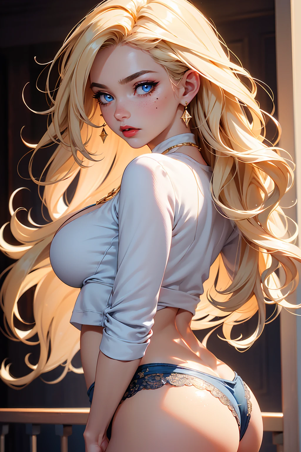(Blonde stunning hair), (blue eyes), blue necklace, Golden earrings, Fit, Gorgeous Body, gorgeous, brown eyebrows, (two moles over lip), big pupils, (23 years old), 1girl,solo, complex skin, warm light, (large breasts), wide thighs, round butt, 5 fingers, ((blushing)), ((detailed face, best quality)), (masterpiece)), ((ultra-detailed)), (beautiful detailed eyes), red lip, eyeshadow, beautiful face, long hair, very detailed eyes, intricate details in eyes, perfect lips, good lighting, ((disgusted mean face)), wearing casual revealing hot clothes, angle from behind, show ass