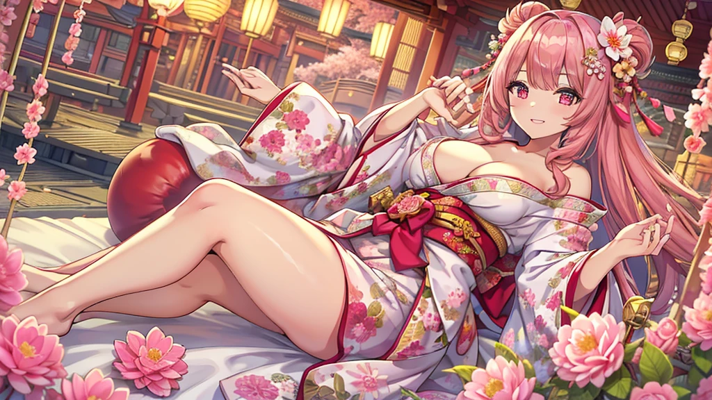 Masterpiece、Highest quality、Super detailed、1 girl、Pink Hair、(Big Tits)、Fluffy and soft long hair、Red-pink eyes、kimono、Japanese-style room、Cleavage、(The underboob is visible)、Belly button、Ruffles and ribbons、smile、Too big breasts