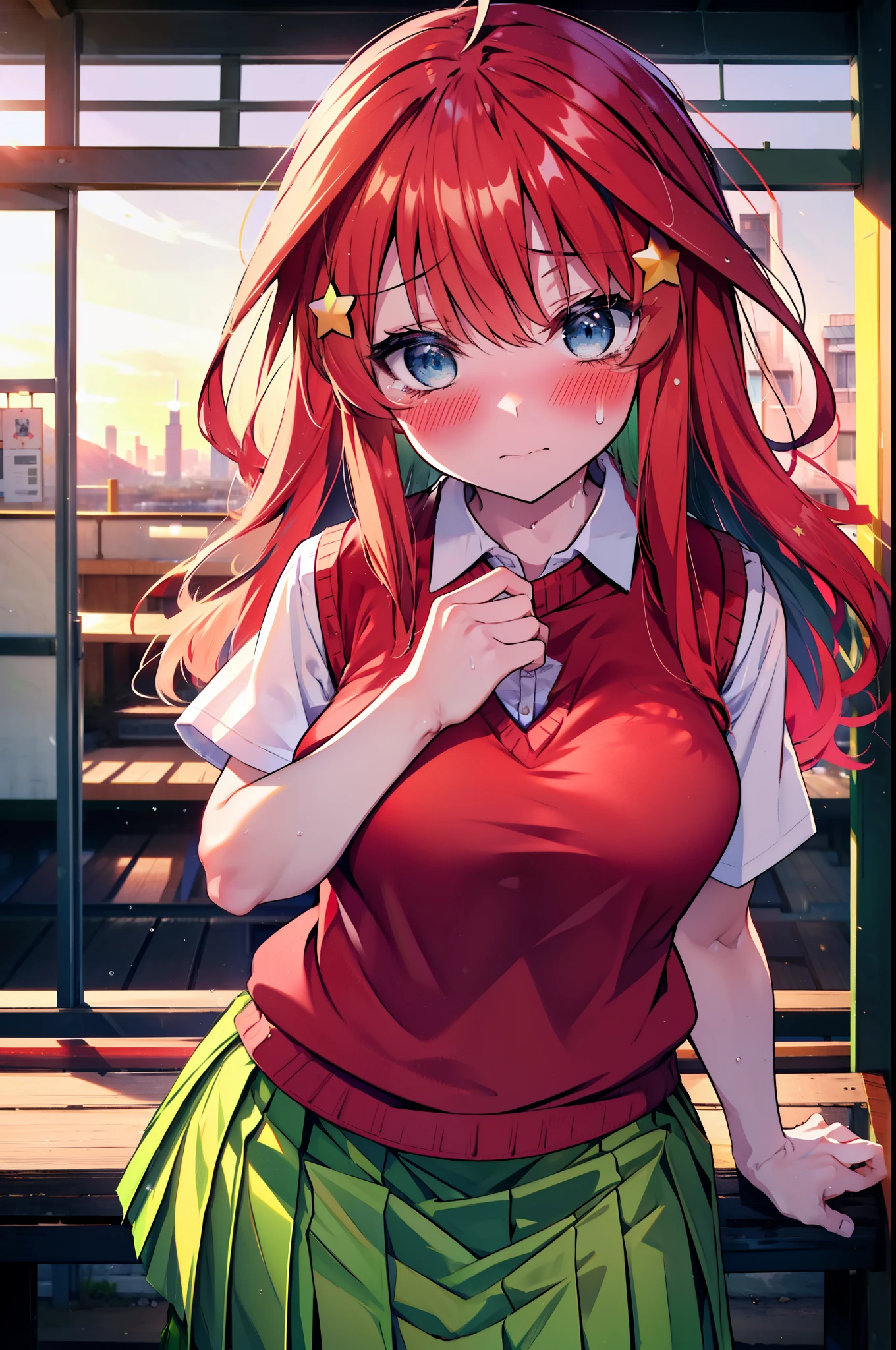 itsukinakano, itsuki nakano, bangs, blue eyes, Hair between the eyes, Ahoge, Redhead, star \(symbol\), hair ornaments, star hair ornaments,Tears stream down her face,Tears of joy,I cry a lot,blush,Open your mouth,
skirt, shirt , clavicle, white shirt, Short sleeve, Pleated skirt, socks, collared shirt, mini skirt, Knee-high, white socks, (Green Skirt:1.5), (red sweater vest:1.5),Black Loafers,Sunset,evening,The sun is setting,whole bodyがイラストに入るように,
break outdoors, Back of the school building,
break looking at viewer, whole body,(Cowboy Shot:1. 5)
break (masterpiece:1.2), Highest quality, High resolution, unity 8k wallpaper, (figure:0.8), (Beautiful attention to detail:1.6), Highly detailed face, Perfect lighting, Highly detailed CG, (Perfect hands, Perfect Anatomy),