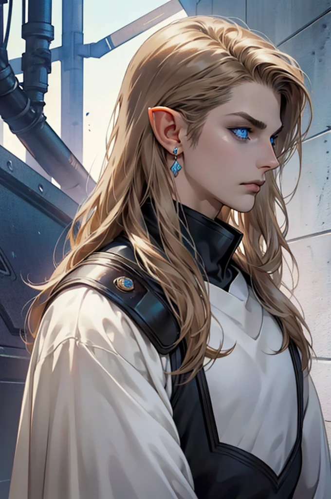 (masterpiece:1.2, best quality), (exquisite eyes: 1.2), ((solo)), (blue eyes:1.4), (exquisite eyes and exquisite face:1.3), ( beautiful and clear background: 1.2), (extremely detailed CG, super detailed, best shadows: 1.1), ((depth of field)), ((watercolor)), Beautiful Concept Art, (dark Background: 0.5), (Illustration: 1.1), (Extremely Delicate: 1.1), (Perfect Details: 1.1), Profile, long hair ,light brown hair,, solo,male, elf ears, ear piercings , black armor, black clothes,Fulllength, angry, big halo, strong, angel, metal face mask