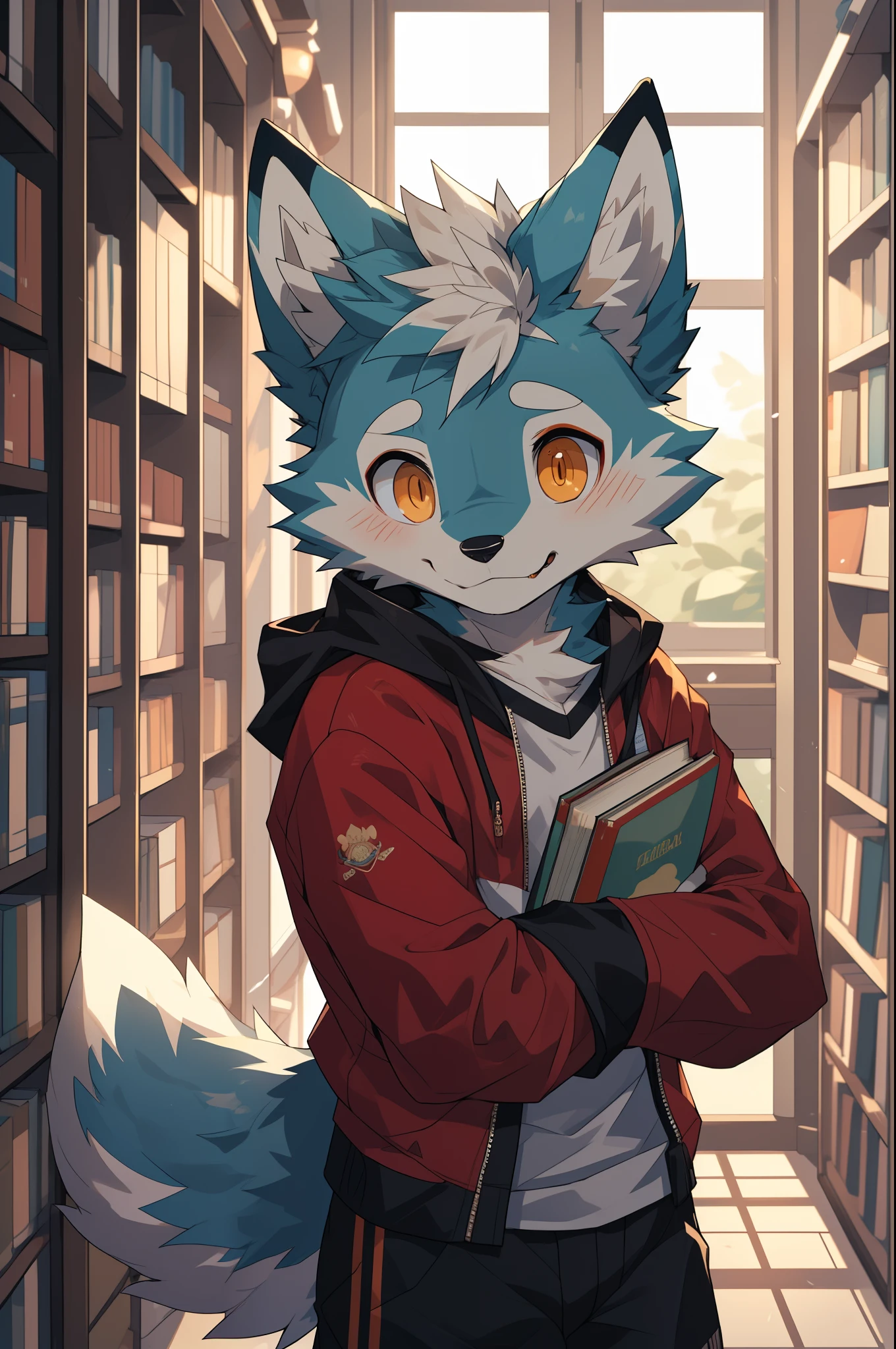 (high definition, Dynamic HDR, 4K, Full HD), furry, 18 years old, relax, wolf, Big one, green fur, orange_eyes, Random clothes, Sad smile, Book Room, bodyส่วนบน, cute, warm, slim_body, Wear tight clothes., round_cornea, See your face clearly