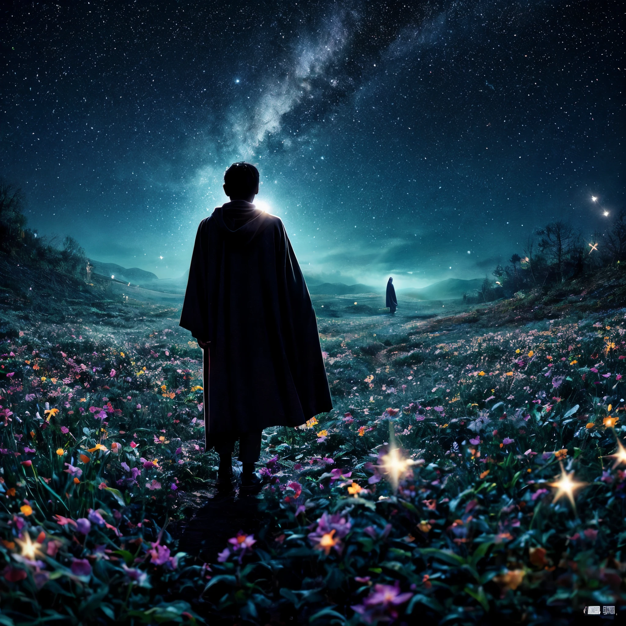 
Background: The background should start on the left side as a night scene with a dark, starless sky and a silhouette of a crying figure, symbolizing despair and hopelessness. As the scene progresses to the right, the sky should lighten, transitioning into a dawn with soft, warm colors, symbolizing hope and redemption.

Central Elements: In the middle, depict a mystical light appearing from the night sky, gradually transforming into a wise and solemn godly figure. The god should have an aura of light, representing guidance and wisdom.

Foreground: On the left side, show the figure of a person making a wish, their expression determined but naive. As the scene transitions, this figure should appear more powerful but also increasingly isolated and sad. On the right side, depict the same person now humbled and reflective, surrounded by symbols of love and friendship—such as hearts, intertwined hands, and soft light—to represent their realization and change of heart.

Symbols: Incorporate subtle symbols throughout the cover. Broken chains near the powerful figure to represent the breaking of moral constraints, and blooming flowers near the humbled figure to signify growth and renewal.

Text: The album title "Journey of the Heart" should be prominently displayed at the top in a cursive, elegant font. The artist's name, "Your Name," should be at the bottom in a bold, modern font.

Color Scheme: Use a dark color palette (blacks, deep blues, purples) on the left side, transitioning to a brighter palette (oranges, pinks, light blues) on the right side to visually represent the transformation from despair to hope.
。 High resolution, masterpiece, Highest quality, Intricate details, Very detailed, Clear focus, Delicate skin, practical skin texture, texture, Delicate eyes, Professional, 4K, Shot with Canon, 85mm, Shallow and deep,  Kodak Vision Color, Exactly, Very detailed, photograph_\(Extremist\), photographpractical, practical, Post-processing, Maximum details, Roughness, Real Life, Extremist practical, Photorealism, photographgraphy, 8K Ultra HD, photographgraphy