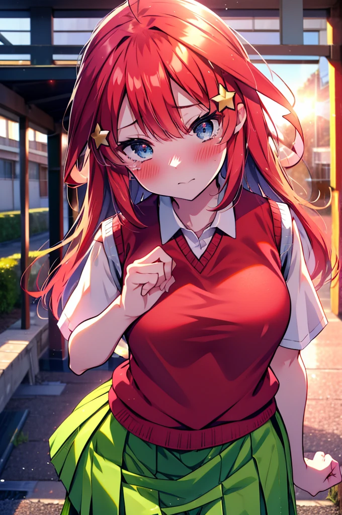 itsukinakano, itsuki nakano, bangs, blue eyes, Hair between the eyes, Ahoge, Redhead, star \(symbol\), hair ornaments, star hair ornaments,Tears stream down her face,Tears of joy,I cry a lot,blush,Open your mouth,
skirt, shirt , clavicle, white shirt, Short sleeve, Pleated skirt, socks, collared shirt, mini skirt, Knee-high, white socks, (Green Skirt:1.5), (red sweater vest:1.5),Black Loafers,Sunset,evening,The sun is setting,whole bodyがイラストに入るように,
break outdoors, Back of the school building,
break looking at viewer, whole body,(Cowboy Shot:1. 5)
break (masterpiece:1.2), Highest quality, High resolution, unity 8k wallpaper, (figure:0.8), (Beautiful attention to detail:1.6), Highly detailed face, Perfect lighting, Highly detailed CG, (Perfect hands, Perfect Anatomy),