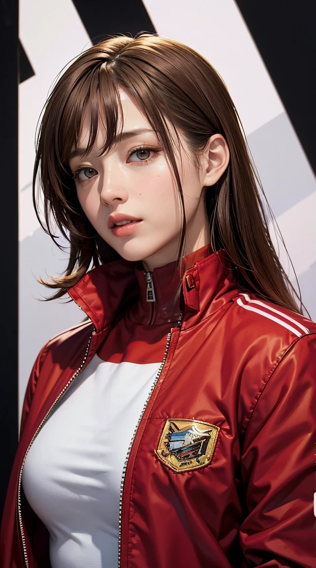 (8K, Highest quality, masterpiece:1.2), Super detailed, masterpiece, Realistic lighting,masterpiece, Highest quality, masterpiece, Official Art,非常に詳細な CG ユニティ 8K 壁紙,Beautiful attention to detail, Light on the face, One girl, Asuka,Upper Body, chest, pilot_suit, plugsuit, red_Jacket, Windbreaker, gloves, bandage, hair_ornament, Braces,