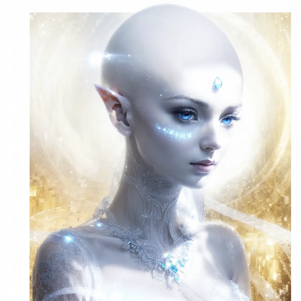 Very real and complete image. Beautiful elf Goddess, with a very long neck, large, elongated and bald head, very white and smooth skin, slanted blue eyes, tiny nose, bright blue and flashing luminous dots come out of her neck, she has NO ears, only one hole, she wears a Very bright white ruffle dress, she is thin. Photorealism, full view, highly detailed image, very realistic, hyperrealism, Ultra HD, 8k, 5, sharp focus, intricate and mysterious masterpiece. (Long exposure photography Very detailed close-up portrait artistic illustration: final quality, medium shot, backlight, Rich and striking. Enigmatic and mysterious manipulations (composition of the rule of thirds), ((detailed environment with strong lines) The best quality, in camera, white light, warm and clean aesthetics, dazzling screen composed of millions of brilliant ultraviolet rays, HDR.