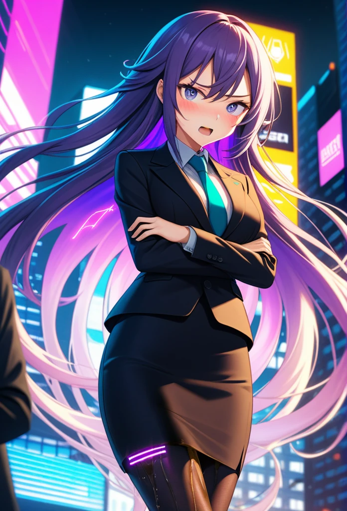 (high quality,Very detailed:1.37, High resolution), Woman, (very long hair:1.5), dark purple hair, purple eeyes, large breasts, (wetting herself:1.5), standing, business suit, necktie, (very long pencil skirt:1.5), pantyhose, (arms crossed:1.5), (embarrassed:1.5), (humiliation:1.5), (angry:1.25), (blushing:1.5), open mouth, Cyberpunk Style, Cyberpunk Cityscape, Neon Light, High-tech accessories, Meticulous details, (extremely detailed eys:1.37), Glowing LED pattern, Urban scenery, Futuristic elements, Mysterious Aura, ,Flying cars racing through the air, Holographic Advertising, Visually stunning architecture, Energetic and dynamic poses, Gives off a powerful aura, The cityscape reflected in her metallic eyes, Graceful movement amidst chaos, A moonlit sky with a futuristic hue, Pulsating Electronic Soundtrack, Enhanced Augmented Reality Overlays, Interacting with virtual objects in the environment