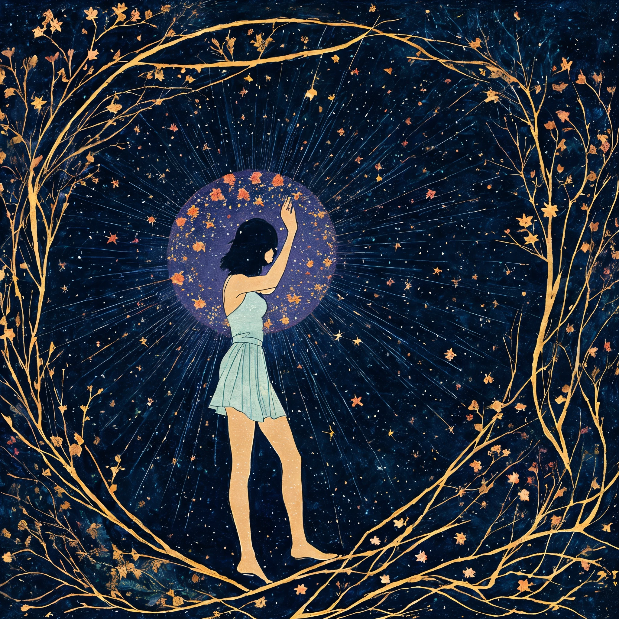 Background: The background should start on the left side as a night scene with a dark, starless sky and a silhouette of a crying figure, symbolizing despair and hopelessness. As the scene progresses to the right, the sky should lighten, transitioning into a dawn with soft, warm colors, symbolizing hope and redemption.
Central Elements: In the middle, depict a mystical light appearing from the night sky, gradually transforming into a wise and solemn godly figure. The god should have an aura of light, representing guidance and wisdom.
Foreground: On the left side, show the figure of a person making a wish, their expression determined but naive. As the scene transitions, this figure should appear more powerful but also increasingly isolated and sad. On the right side, depict the same person now humbled and reflective, surrounded by symbols of love and friendship—such as hearts, intertwined hands, and soft light—to represent their realization and change of heart.
Symbols: Incorporate subtle symbols throughout the cover. Broken chains near the powerful figure to represent the breaking of moral constraints, and blooming flowers near the humbled figure to signify growth and renewal.
Text: The album title "Journey of the Heart" should be prominently displayed at the top in a cursive, elegant font. The artist's name, "Your Name," should be at the bottom in a bold, modern font.
Color Scheme: Use a dark color palette (blacks, deep blues, purples) on the left side, transitioning to a brighter palette (oranges, pinks, light blues) on the right side to visually represent the transformation from despair to hope.
。 High resolution, masterpiece, Highest quality, Intricate details, Very detailed, Clear focus, Delicate skin, practical skin texture, texture, Delicate eyes, Professional, 4K, Shot with Canon, 85mm, Shallow and deep, Kodak Vision Color, Exactly, Very detailed, photograph_\(Extremist\), photographpractical, practical, Post-processing, Maximum details, Roughness, Real Life, Extremist practical, Photorealism, photographgraphy, 8K Ultra HD, photographgraphy