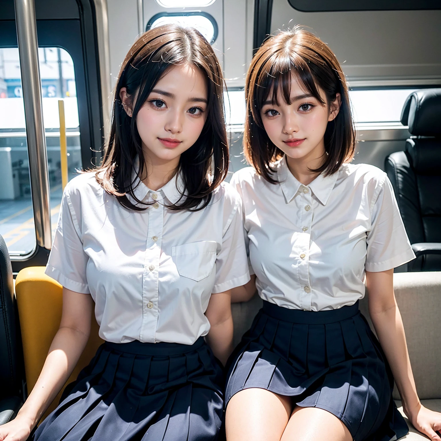 Highest quality, full body detail, the golden ratio, (theater lighting: 0.7), masterpiece, viewer angle shot, ( 18 year old japanese girl student wearing school uniform), Looks straight up happy、Hug a little, (sitting on the train legs open wide), skirt lifting, showing up her panty by spreading her thighs (clear detailed panty), best thigh anatomy, total body, perfect faces, (exremetly detailed skin),